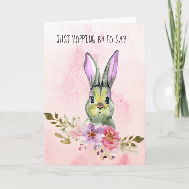 Watercolor Pink Floral Bunny Easter Holiday Card (Front)