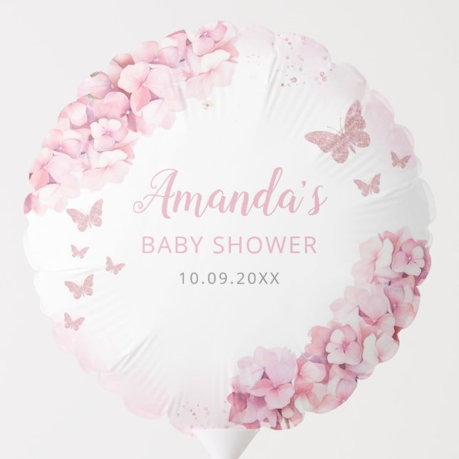 Watercolor Pink Floral Butterfly Girl Baby Shower  Balloon (Back)