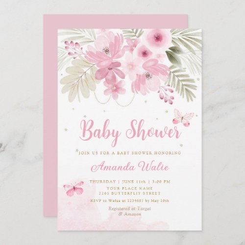 Watercolor Pink Floral Butterfly Girl Baby Shower  Invitation
