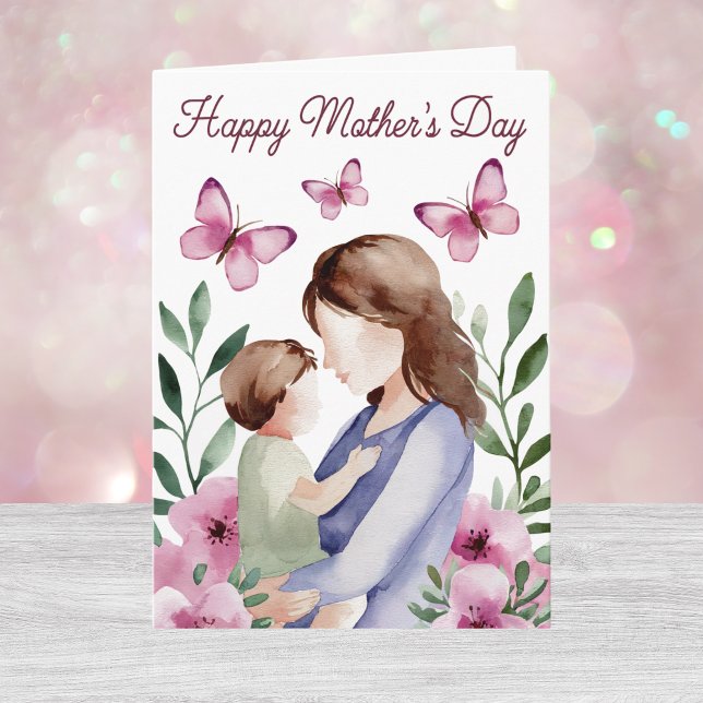 Watercolor Pink Floral Butterfly Mother's Day Card (Creator Uploaded)