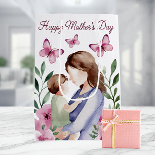 Watercolor Pink Floral Butterfly Mother's Day Medium Gift Bag