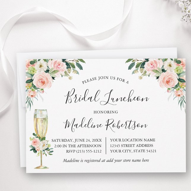 Watercolor Pink Floral Calligraphy Bridal Luncheon Invitation (Customize to change text color or text style.)