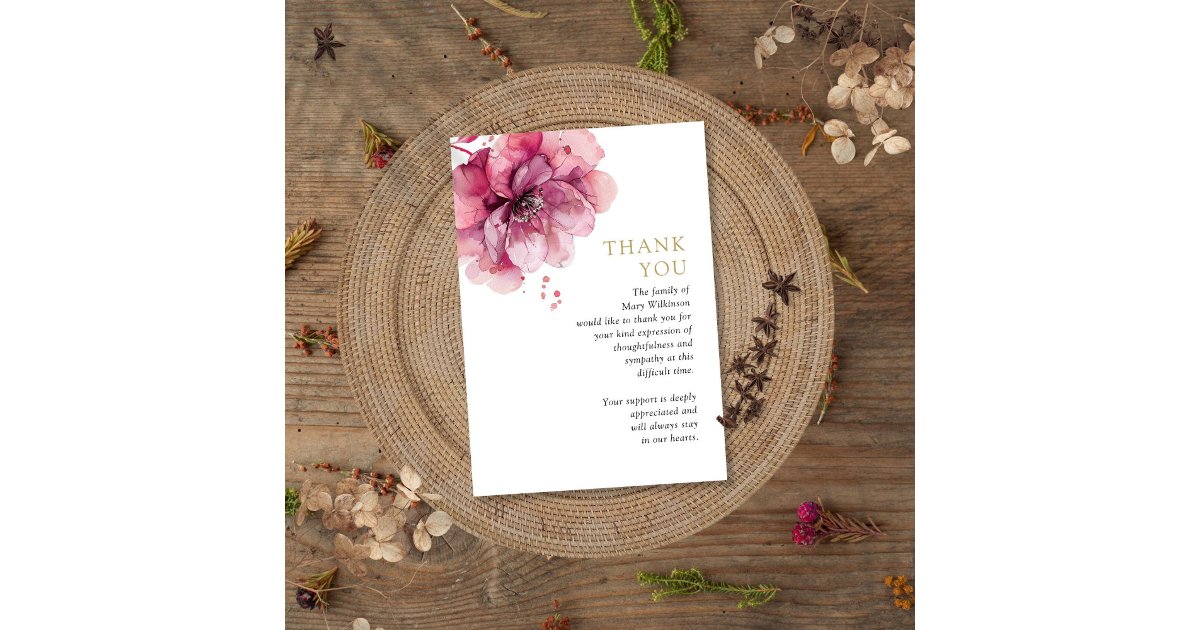 Watercolor Pink Floral Celebration Of Life Funeral Thank You Card | Zazzle
