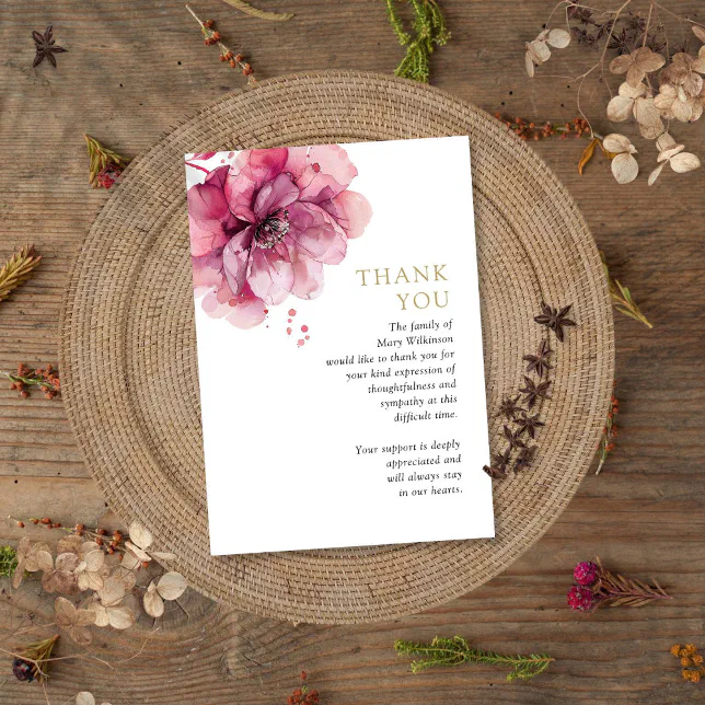 Watercolor Pink Floral Celebration Of Life Funeral Thank You Card | Zazzle