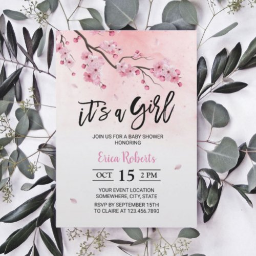 Watercolor Pink Floral Cherry Blossom Baby Shower Invitation