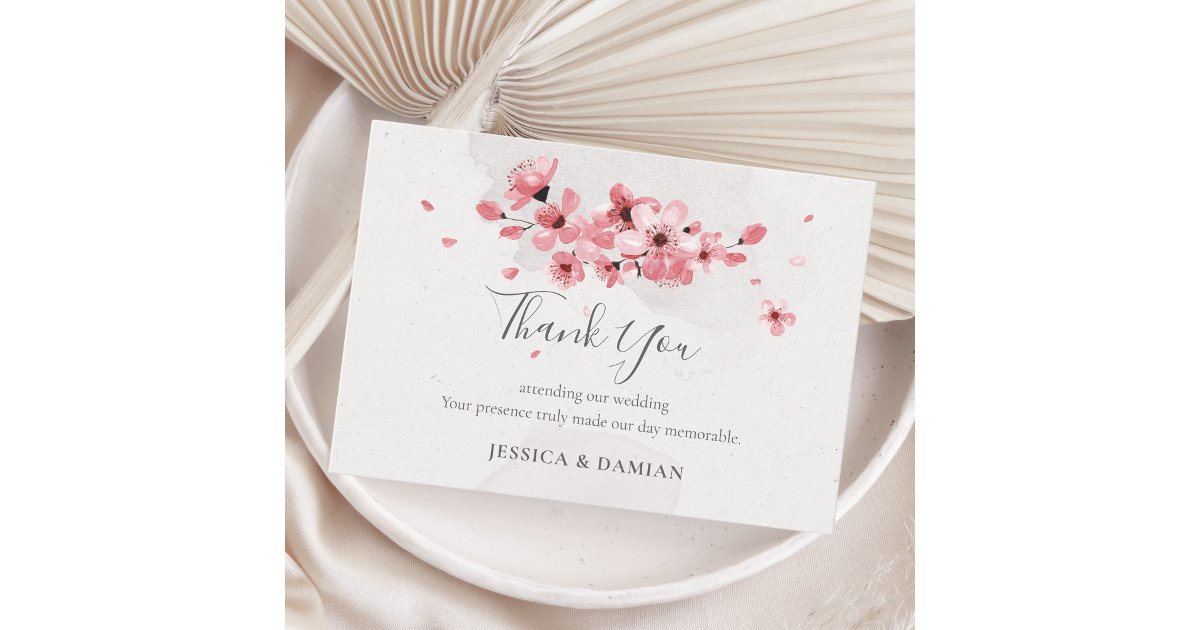 Watercolor Pink Floral Cherry Blossom Wedding Thank You Card | Zazzle
