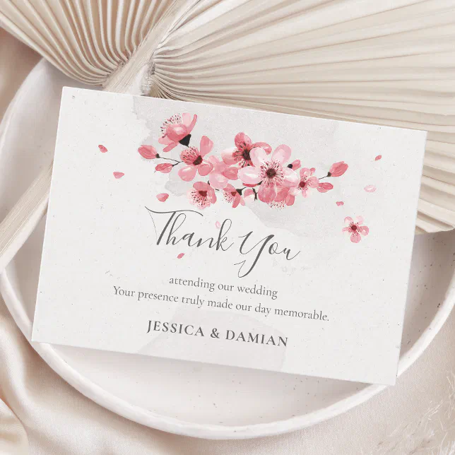 Watercolor Pink Floral Cherry Blossom Wedding Thank You Card | Zazzle
