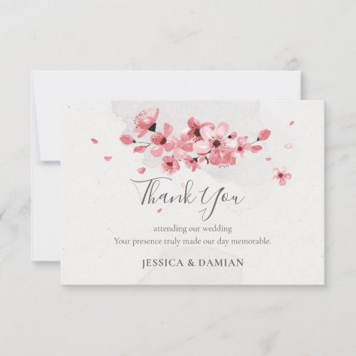 Watercolor Pink Floral Cherry Blossom Wedding Thank You Card