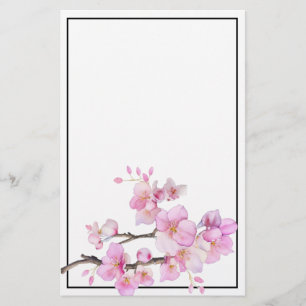 Watercolor pink floral cherry blossoms stationery