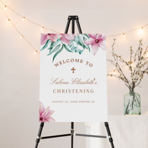 Watercolor pink floral Christening welcome sign