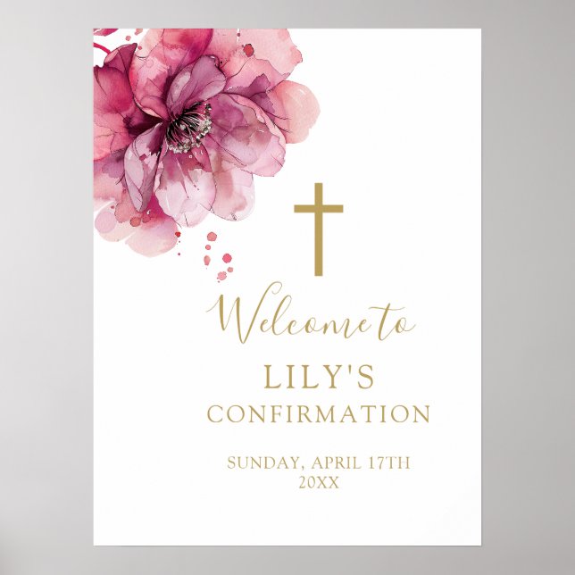 Watercolor Pink Floral Confirmation Welcome Sign (Front)