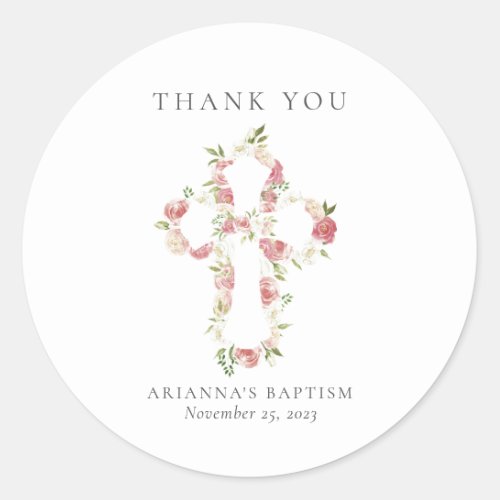 Watercolor Pink Floral Cross Baptism  Classic Roun Classic Round Sticker