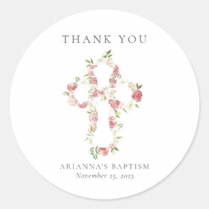 Watercolor Pink Floral Cross Baptism Classic Roun Classic Round Sticker