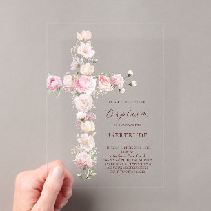watercolor pink floral cross Baptism Invitation