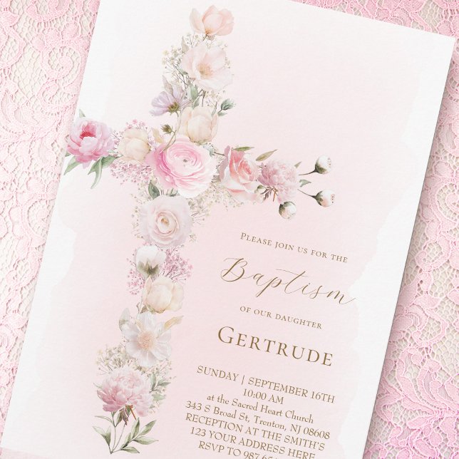 watercolor pink floral cross Baptism Invitation (Creator Uploaded)