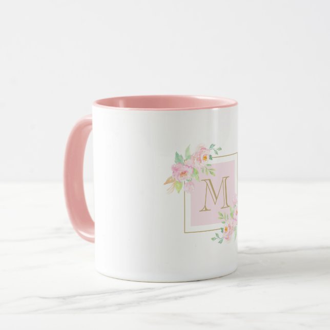 Watercolor Pink Floral Custom Monogram Coffee Mug (Front Left)