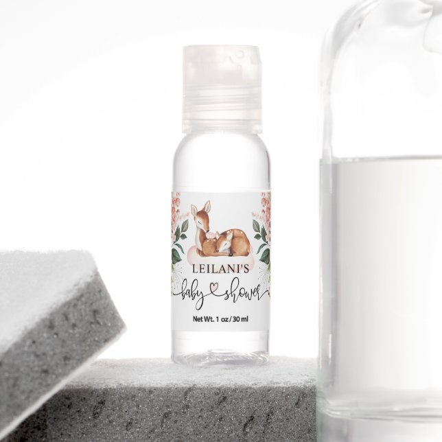 Watercolor Pink Floral Deer Baby Shower Hand Sanitizer (Insitu)