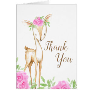 Watercolor Pink Floral Deer Baby Shower Thank You Cards