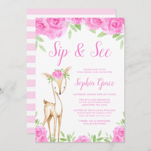 Watercolor Pink Floral Deer Girl Sip and See Invitation