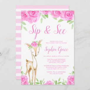 Watercolor Pink Floral Deer Girl Sip and See Invitation