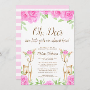Watercolor Pink Floral Deer Twin Girl Baby Shower Invitation