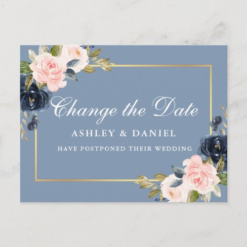 Watercolor Pink Floral Dusty Blue Change The Date Postcard