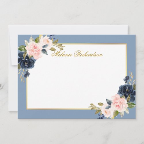 Watercolor Pink Floral Dusty Blue _ Choose Size _ Note Card