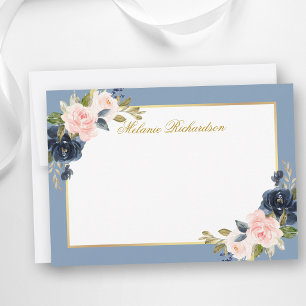 Watercolor Pink Floral Dusty Blue - Choose Size - Note Card