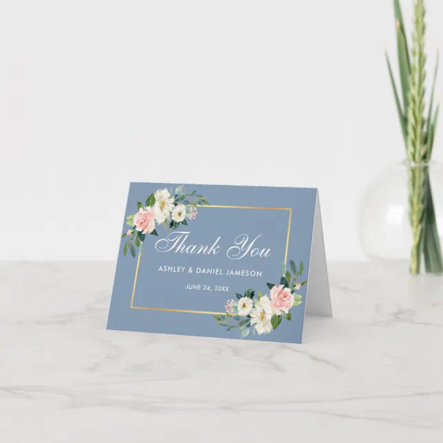Watercolor Pink Floral Dusty Blue Gold Wedding Thank You Card | Zazzle