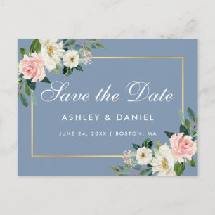 Watercolor Pink Floral Dusty Blue Save the Date Postcard