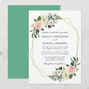 Watercolor Pink Floral Elegant Gold Frame Neo Mint Invitation