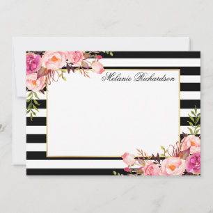 Watercolor Pink Floral Elegant Striped Note Card
