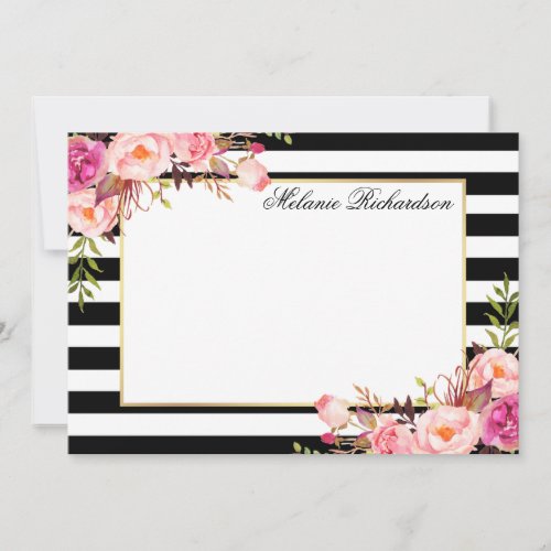 Watercolor Pink Floral Elegant Striped Note Card