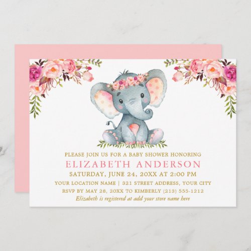 Watercolor Pink Floral Elephant Baby Shower Gold Invitation