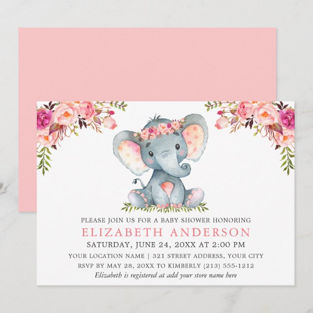 Watercolor Pink Floral Elephant Baby Shower Invitation (Front/Back)