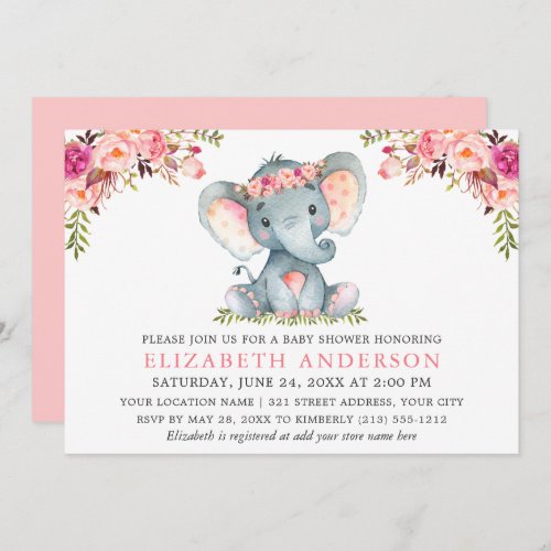 Watercolor Pink Floral Elephant Baby Shower Invitation