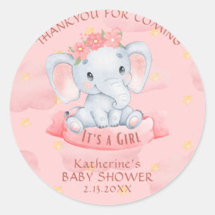 Watercolor  Pink floral elephant Girl Baby Shower  Classic Round Sticker