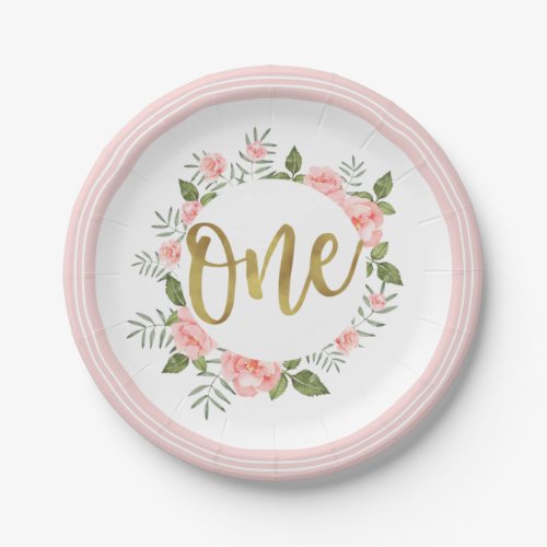 Watercolor Pink Floral First Birthday Gold One Paper Plates