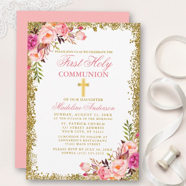 Watercolor Pink Floral First Communion Glitter Invitation (Customize to change text size, color, style or to change color of back of card.)