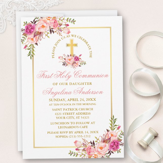 Watercolor Pink Floral First Communion Gold Frame Invitation (Customize to change text color, size, style or to add more text to back of card.)