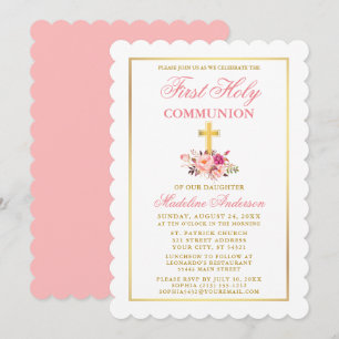 Watercolor Pink Floral First Communion Gold Invitation