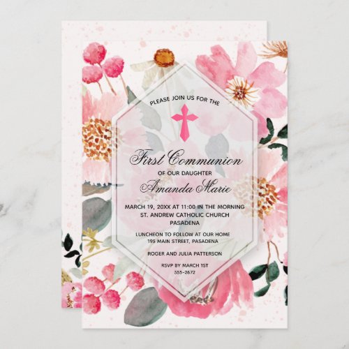 Watercolor Pink Floral First Communion Invitation