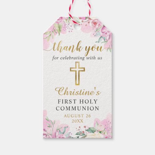 Watercolor Pink Floral First Holy Communion Gift Tags