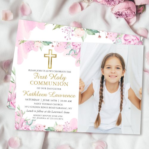 Watercolor Pink Floral First Holy Communion Photo Invitation