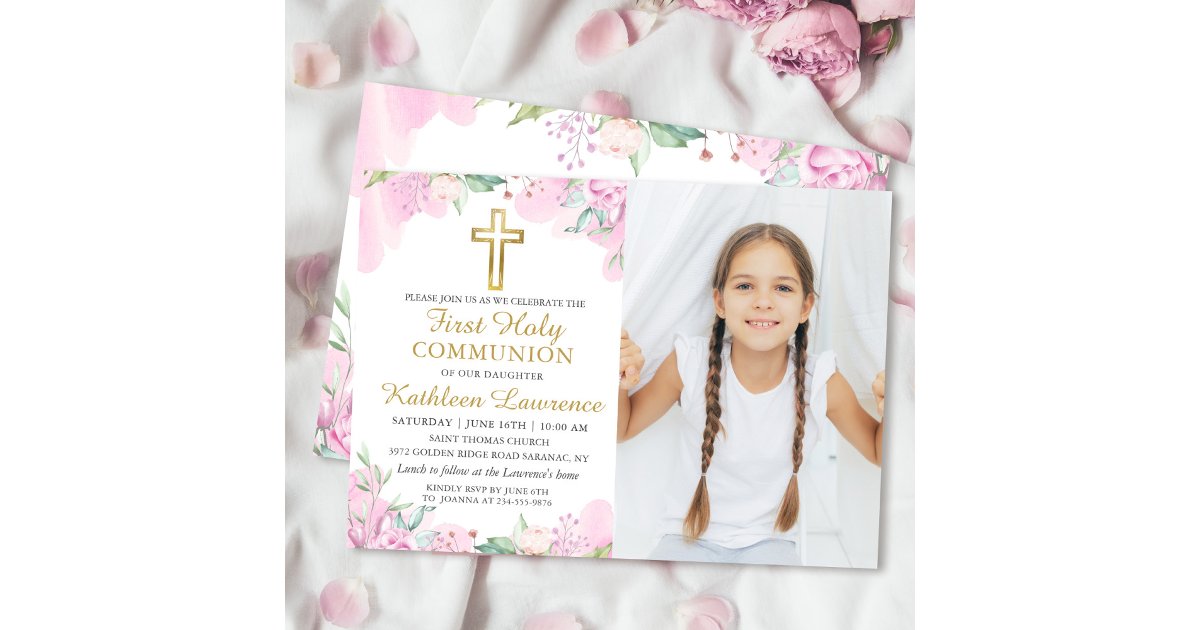 Watercolor Pink Floral First Holy Communion Photo Invitation | Zazzle