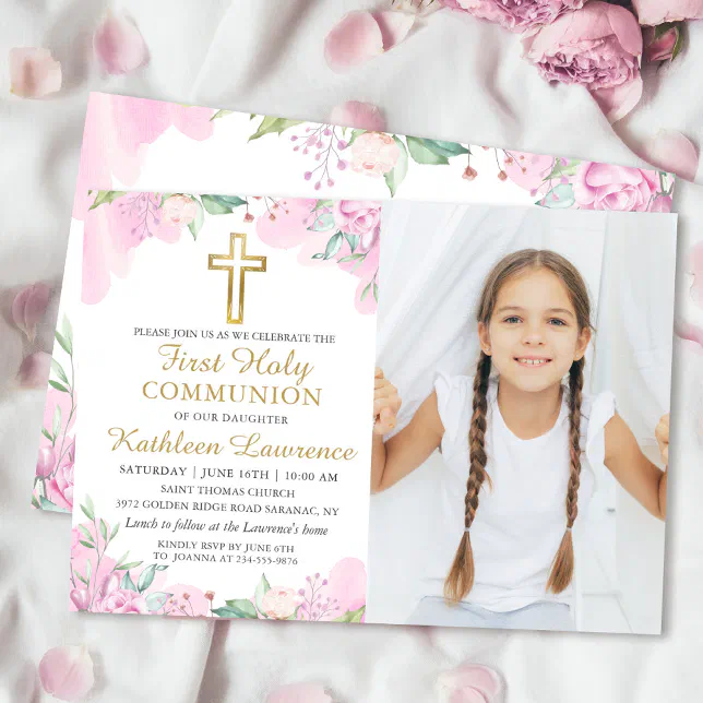 Watercolor Pink Floral First Holy Communion Photo Invitation | Zazzle