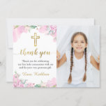 Watercolor Pink Floral First Holy Communion Photo Thank You Card
