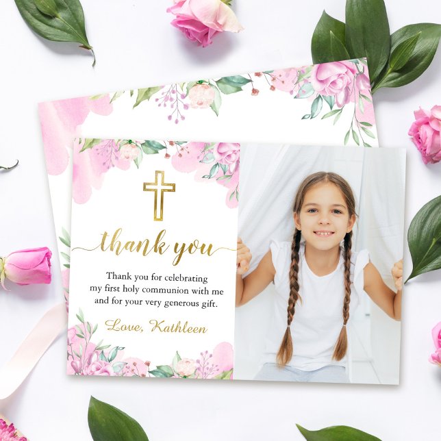 Watercolor Pink Floral First Holy Communion Photo Thank You Card (Creator Uploaded)