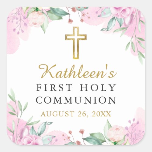 Watercolor Pink Floral First Holy Communion Square Sticker