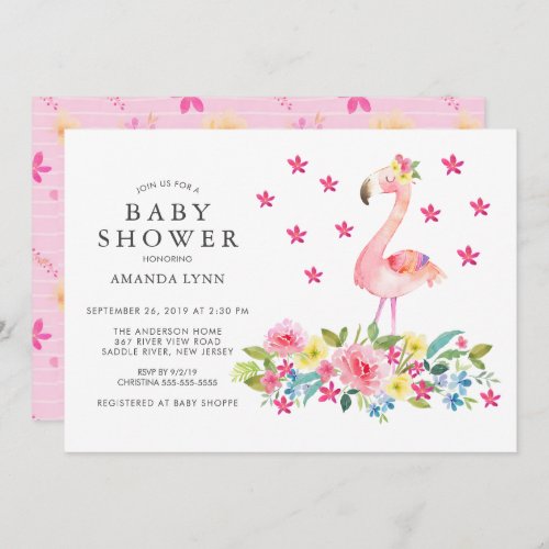 Watercolor Pink Floral Flamingo Baby Girl Shower Invitation
